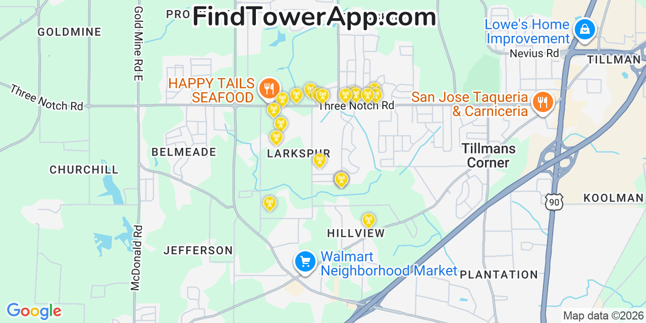 Map showing the 20 primary cell tower locations detected in Tillmans Corner, Alabama from AT&T, Verizon, and T-Mobile networks