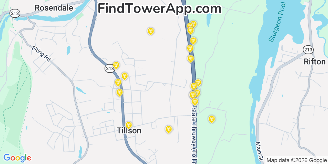 Map showing the 20 primary cell tower locations detected in Tillson, New York from AT&T, Verizon, and T-Mobile networks