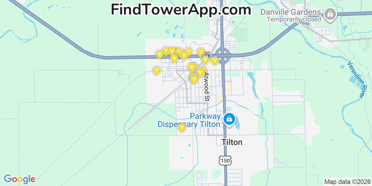 Map showing the 20 primary cell tower locations detected in Tilton, Illinois from AT&T, Verizon, and T-Mobile networks
