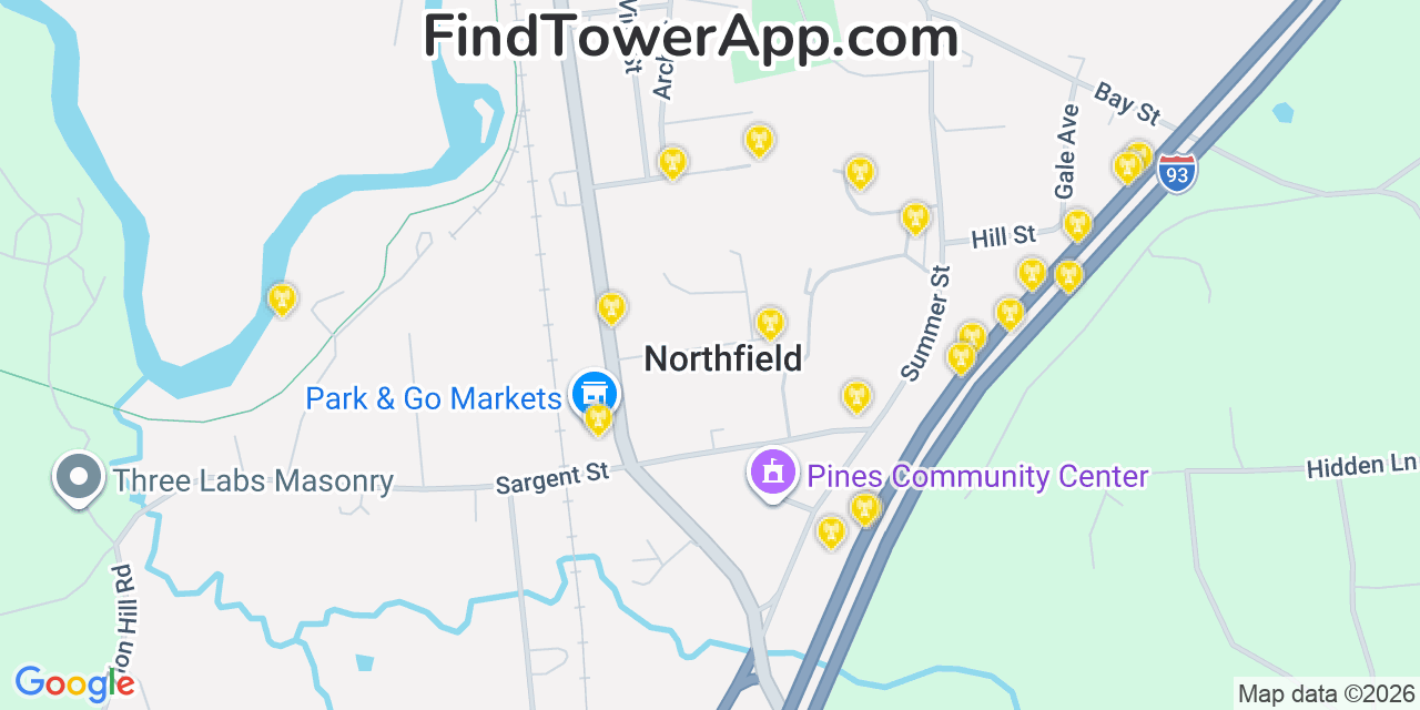 Map showing the 20 primary cell tower locations detected in Tilton, New Hampshire from AT&T, Verizon, and T-Mobile networks