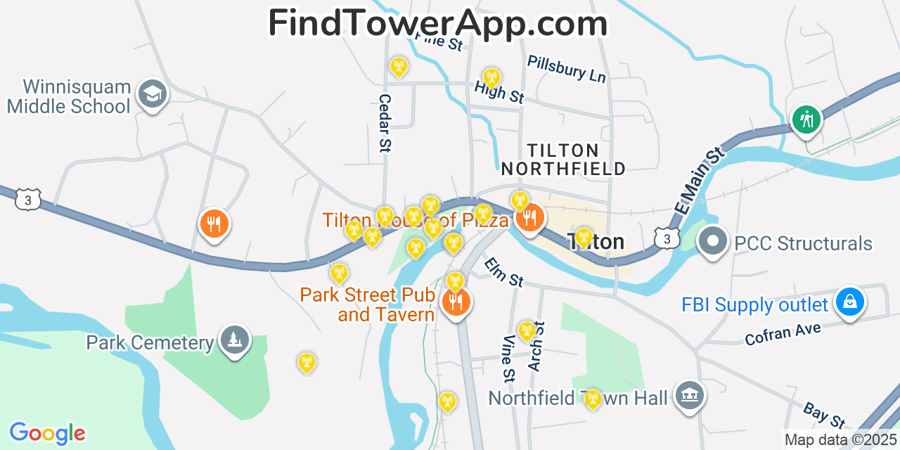 Map showing the 20 primary cell tower locations detected in Tilton-Northfield, New Hampshire from AT&T, Verizon, and T-Mobile networks
