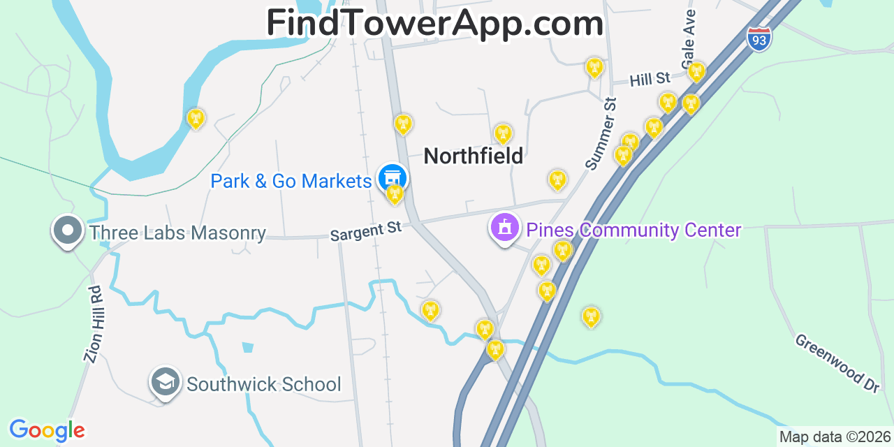 Map showing the 20 primary cell tower locations detected in Tilton Northfield, New Hampshire from AT&T, Verizon, and T-Mobile networks