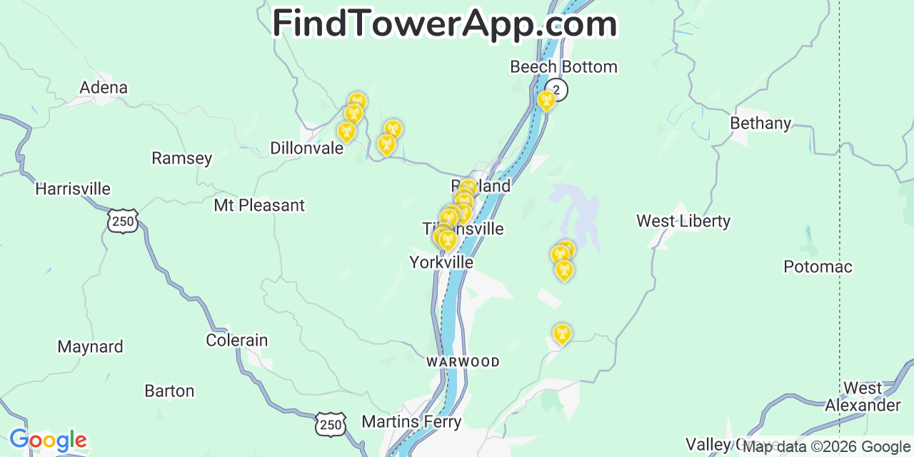Map showing the 20 primary cell tower locations detected in Tiltonsville, Ohio from AT&T, Verizon, and T-Mobile networks