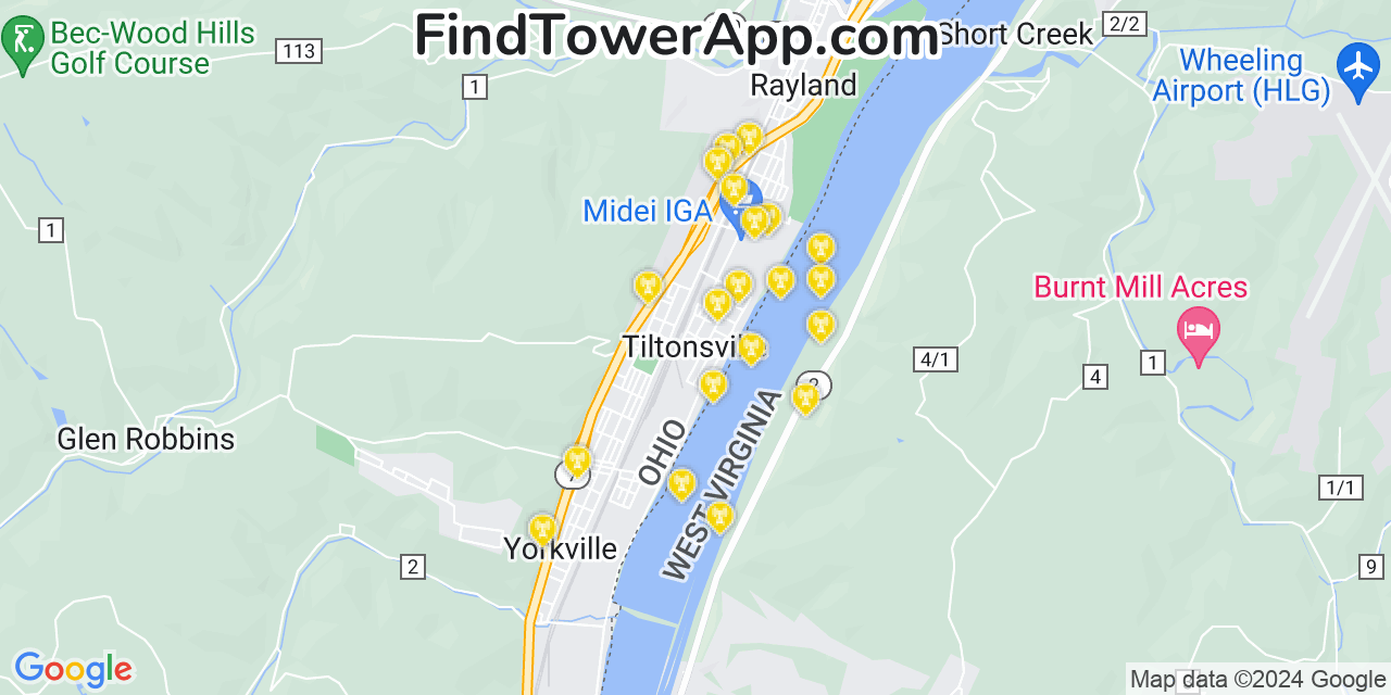 T-Mobile 4G/5G cell tower coverage map Tiltonsville, Ohio