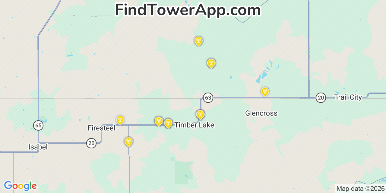 Map showing the 20 primary cell tower locations detected in Timber Lake, South Dakota from AT&T, Verizon, and T-Mobile networks