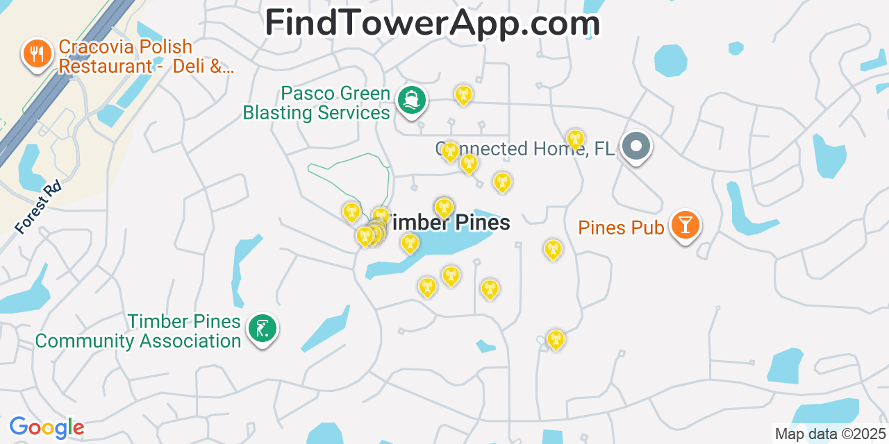 Map showing the 20 primary cell tower locations detected in Timber Pines, Florida from AT&T, Verizon, and T-Mobile networks