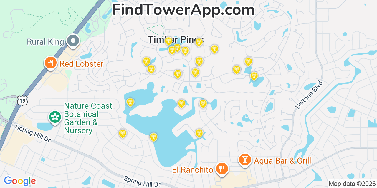 Map showing the 20 primary cell tower locations detected in Timber Pines, Florida from AT&T, Verizon, and T-Mobile networks