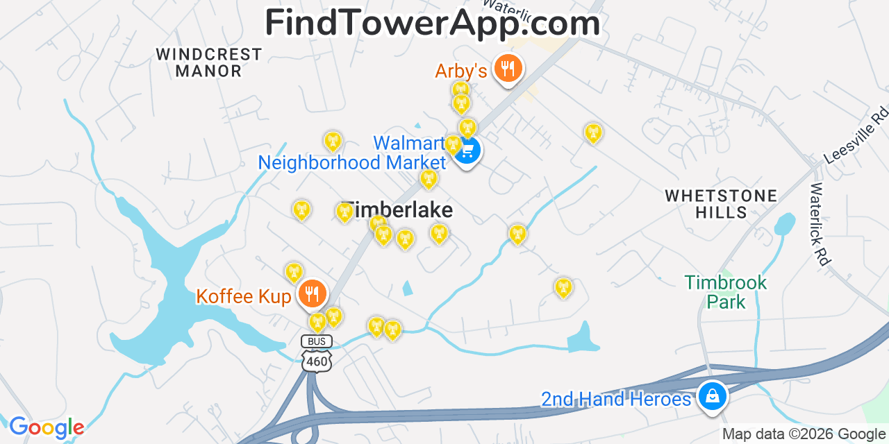 Map showing the 20 primary cell tower locations detected in Timberlake, Virginia from AT&T, Verizon, and T-Mobile networks