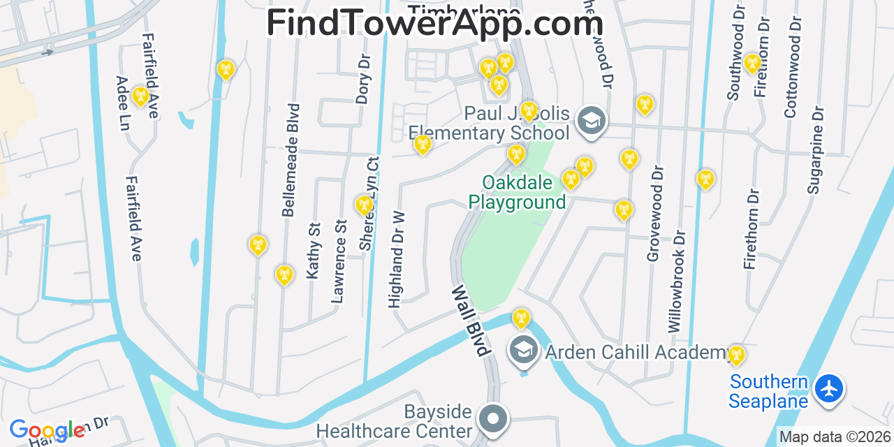 Map showing the 20 primary cell tower locations detected in Timberlane, Louisiana from AT&T, Verizon, and T-Mobile networks
