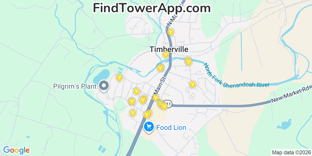 Map showing the 20 primary cell tower locations detected in Timberville, Virginia from AT&T, Verizon, and T-Mobile networks