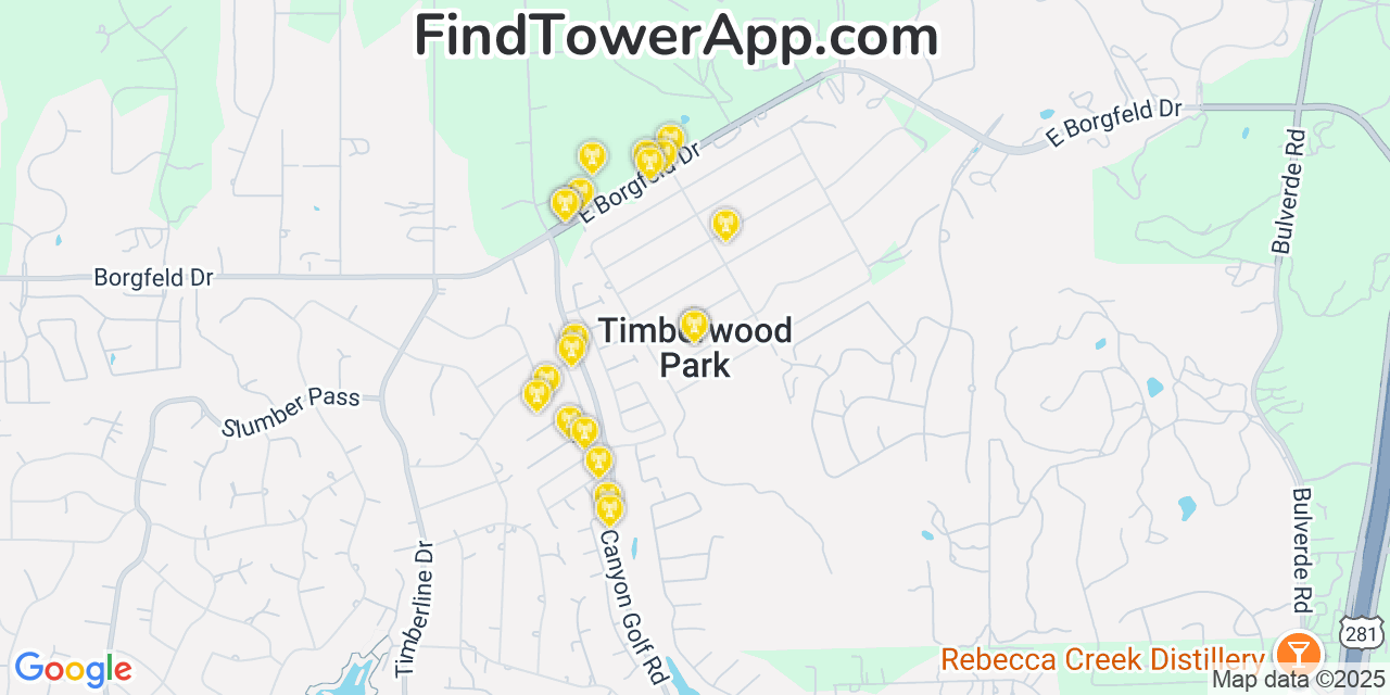 Map showing the 20 primary cell tower locations detected in Timberwood Park, Texas from AT&T, Verizon, and T-Mobile networks