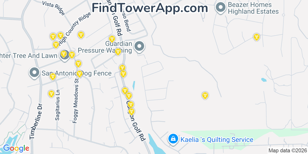 Map showing the 20 primary cell tower locations detected in Timberwood Park, Texas from AT&T, Verizon, and T-Mobile networks