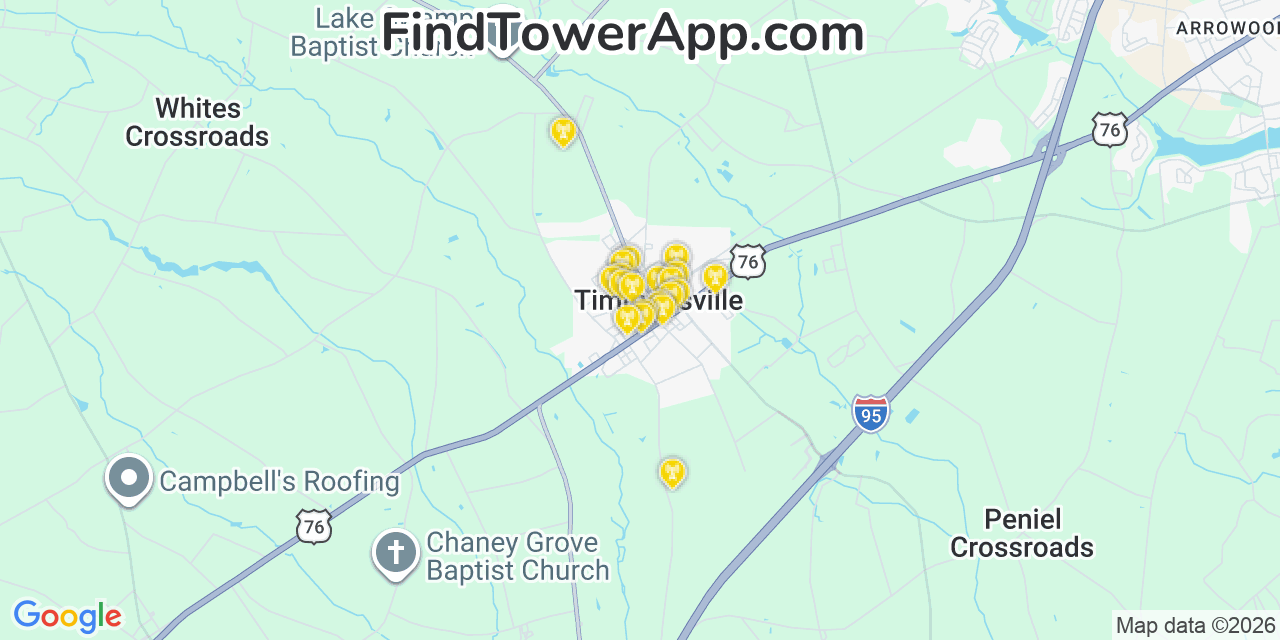 Map showing the 20 primary cell tower locations detected in Timmonsville, South Carolina from AT&T, Verizon, and T-Mobile networks