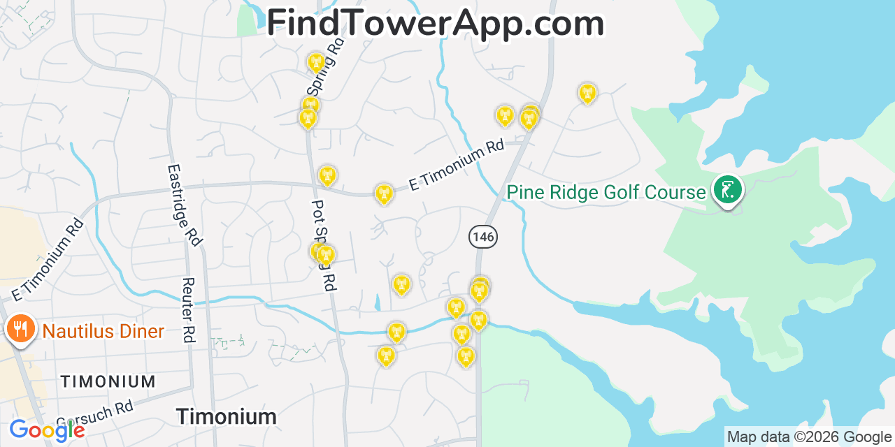 Map showing the 20 primary cell tower locations detected in Timonium, Maryland from AT&T, Verizon, and T-Mobile networks