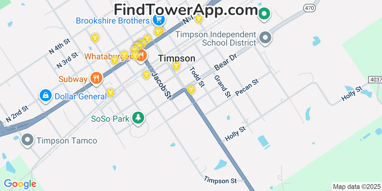 Map showing the 20 primary cell tower locations detected in Timpson, Texas from AT&T, Verizon, and T-Mobile networks