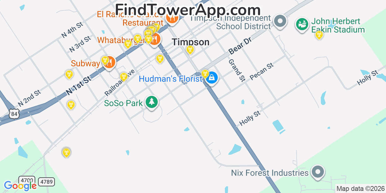 Map showing the 20 primary cell tower locations detected in Timpson, Texas from AT&T, Verizon, and T-Mobile networks