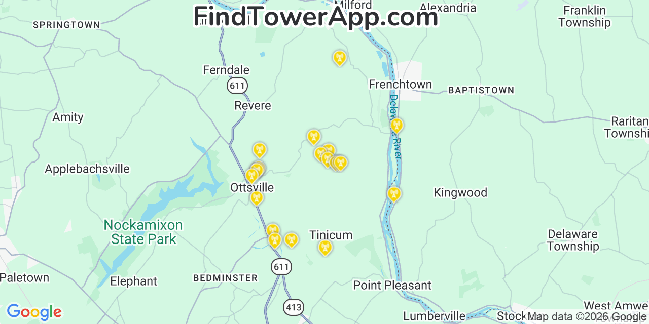 Map showing the 20 primary cell tower locations detected in Tinicum, Pennsylvania from AT&T, Verizon, and T-Mobile networks