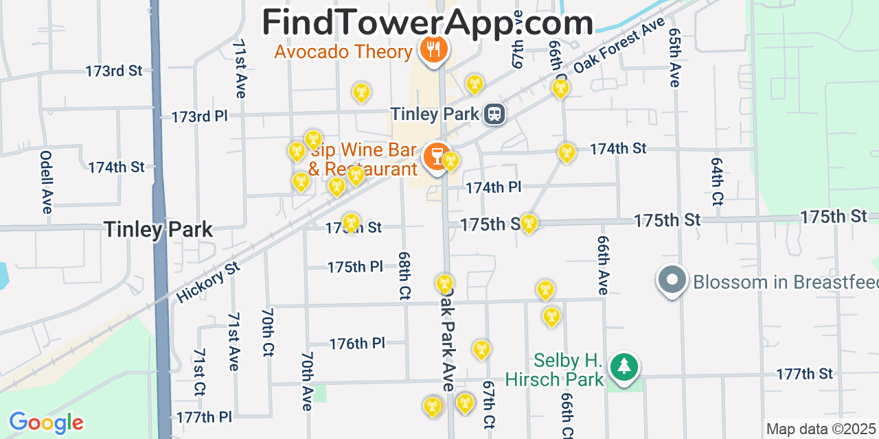 Map showing the 20 primary cell tower locations detected in Tinley Park, Illinois from AT&T, Verizon, and T-Mobile networks
