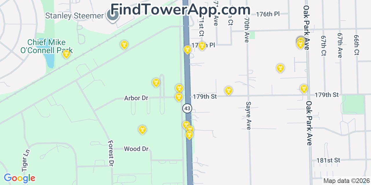 Map showing the 20 primary cell tower locations detected in Tinley Park, Illinois from AT&T, Verizon, and T-Mobile networks