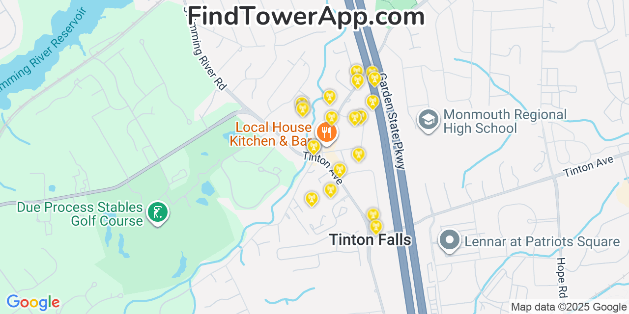 Map showing the 20 primary cell tower locations detected in Tinton Falls, New Jersey from AT&T, Verizon, and T-Mobile networks