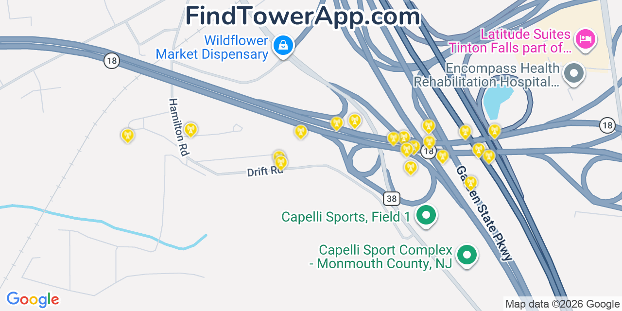 Map showing the 20 primary cell tower locations detected in Tinton Falls, New Jersey from AT&T, Verizon, and T-Mobile networks