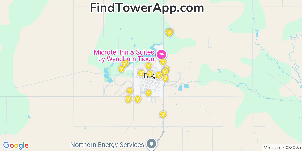 Map showing the 20 primary cell tower locations detected in Tioga, North Dakota from AT&T, Verizon, and T-Mobile networks