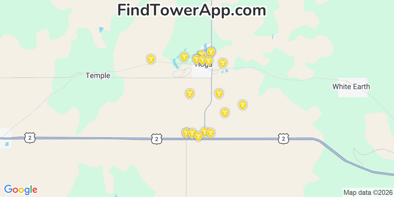 Map showing the 20 primary cell tower locations detected in Tioga, North Dakota from AT&T, Verizon, and T-Mobile networks