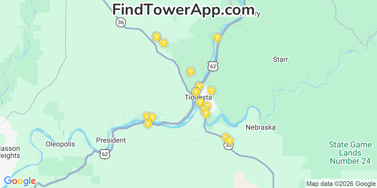 Map showing the 20 primary cell tower locations detected in Tionesta, Pennsylvania from AT&T, Verizon, and T-Mobile networks