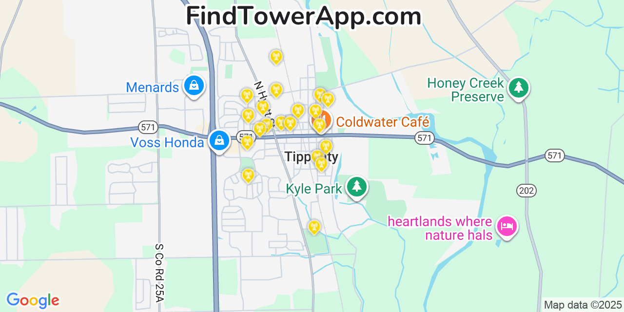 Map showing the 20 primary cell tower locations detected in Tipp City, Ohio from AT&T, Verizon, and T-Mobile networks