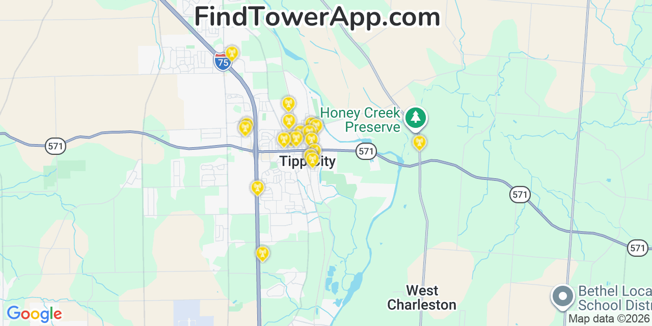 Map showing the 20 primary cell tower locations detected in Tipp City, Ohio from AT&T, Verizon, and T-Mobile networks