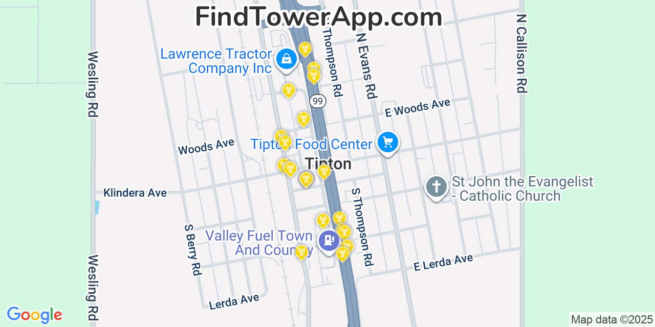 Map showing the 20 primary cell tower locations detected in Tipton, California from AT&T, Verizon, and T-Mobile networks