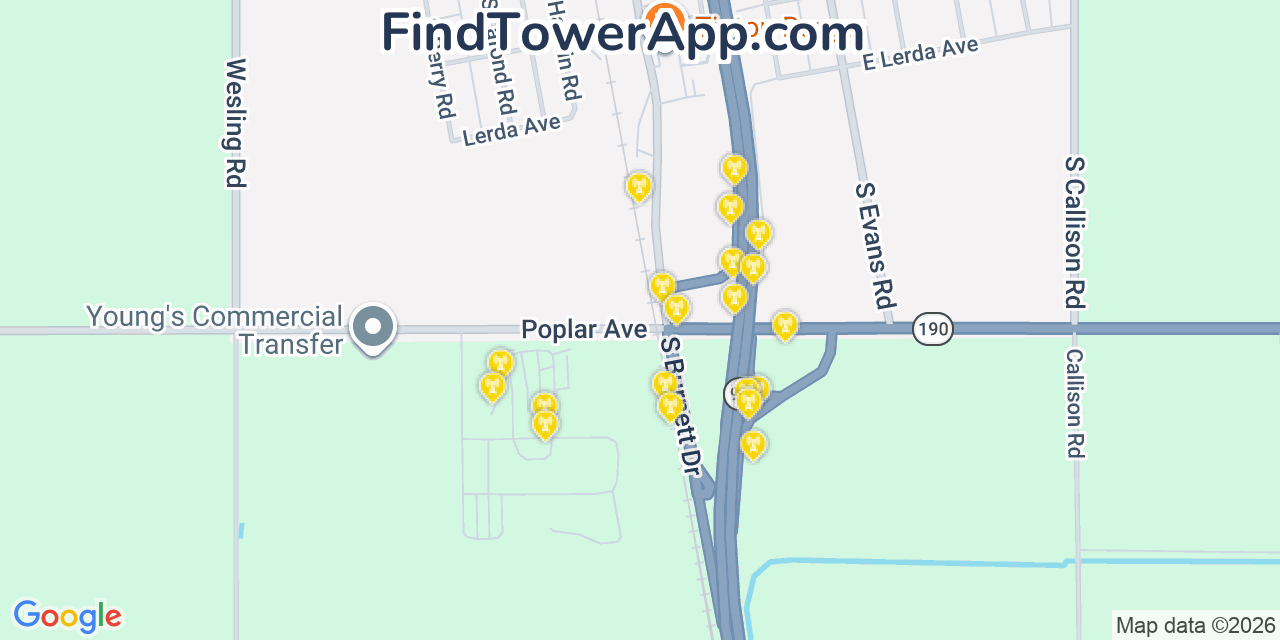 Map showing the 20 primary cell tower locations detected in Tipton, California from AT&T, Verizon, and T-Mobile networks