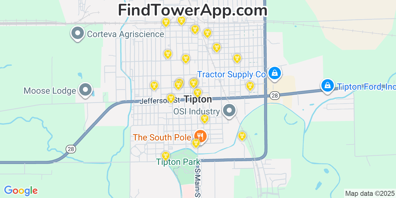 Map showing the 20 primary cell tower locations detected in Tipton, Indiana from AT&T, Verizon, and T-Mobile networks