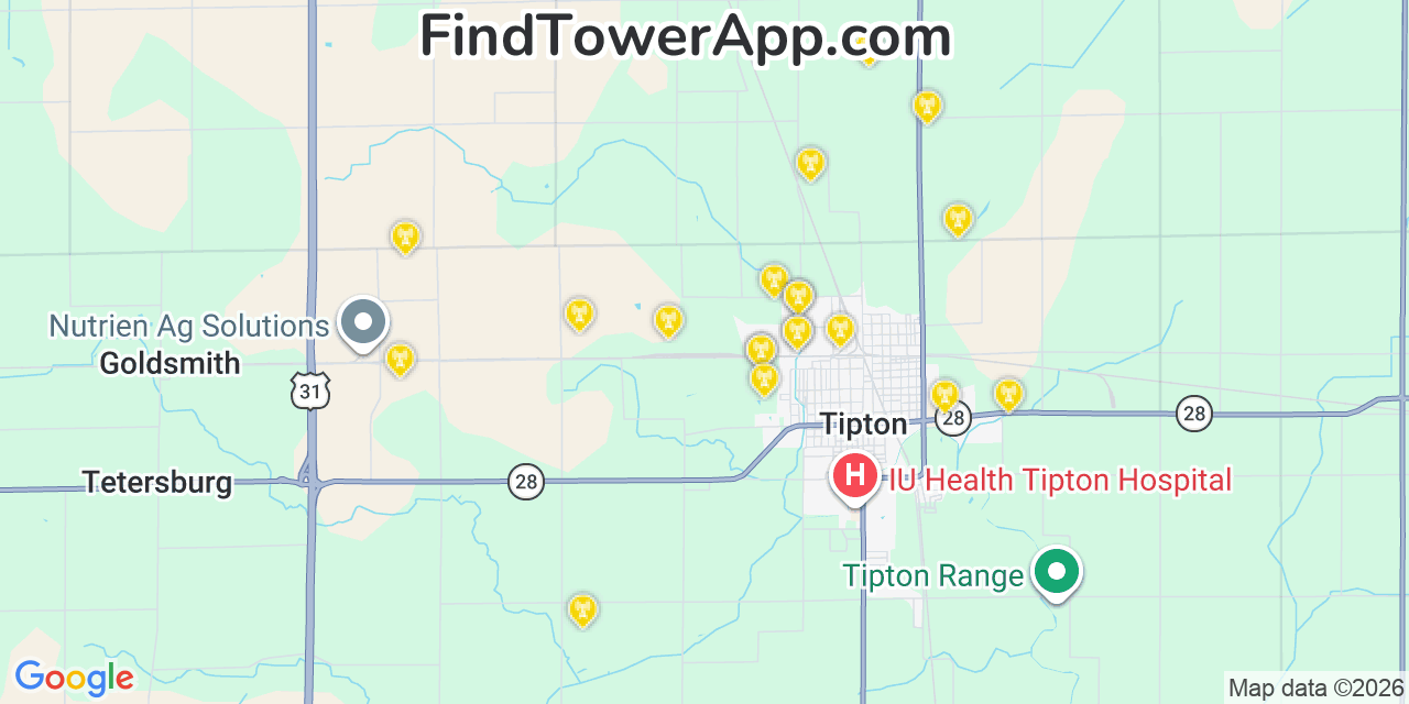 Map showing the 20 primary cell tower locations detected in Tipton, Indiana from AT&T, Verizon, and T-Mobile networks