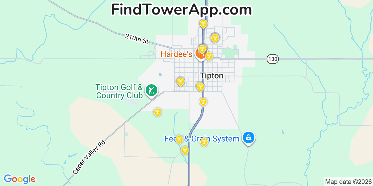 Map showing the 20 primary cell tower locations detected in Tipton, Iowa from AT&T, Verizon, and T-Mobile networks