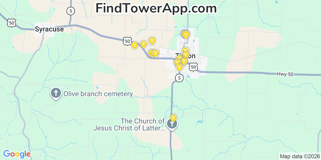 Map showing the 20 primary cell tower locations detected in Tipton, Missouri from AT&T, Verizon, and T-Mobile networks