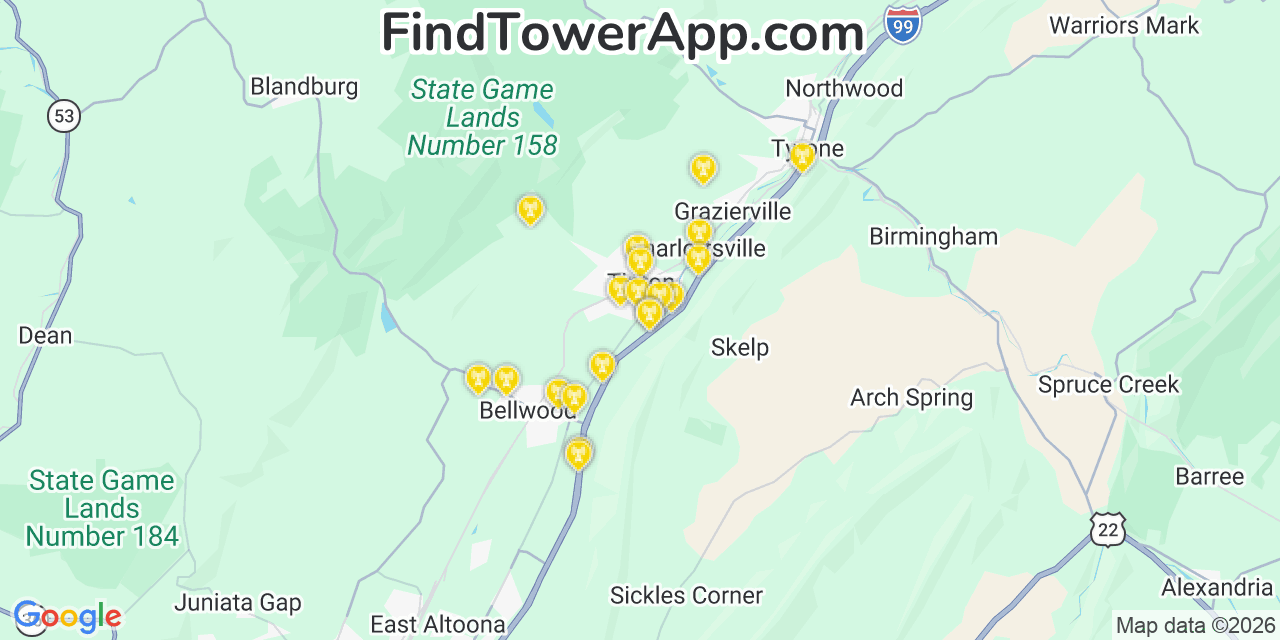 Map showing the 20 primary cell tower locations detected in Tipton, Pennsylvania from AT&T, Verizon, and T-Mobile networks
