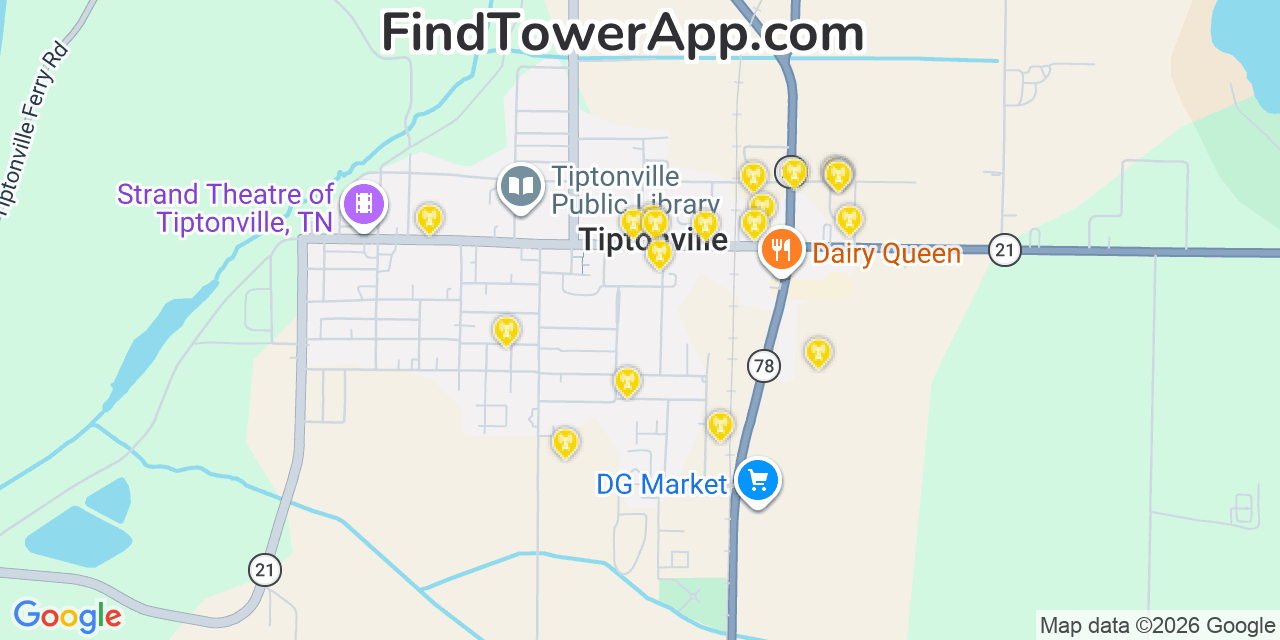 Map showing the 20 primary cell tower locations detected in Tiptonville, Tennessee from AT&T, Verizon, and T-Mobile networks