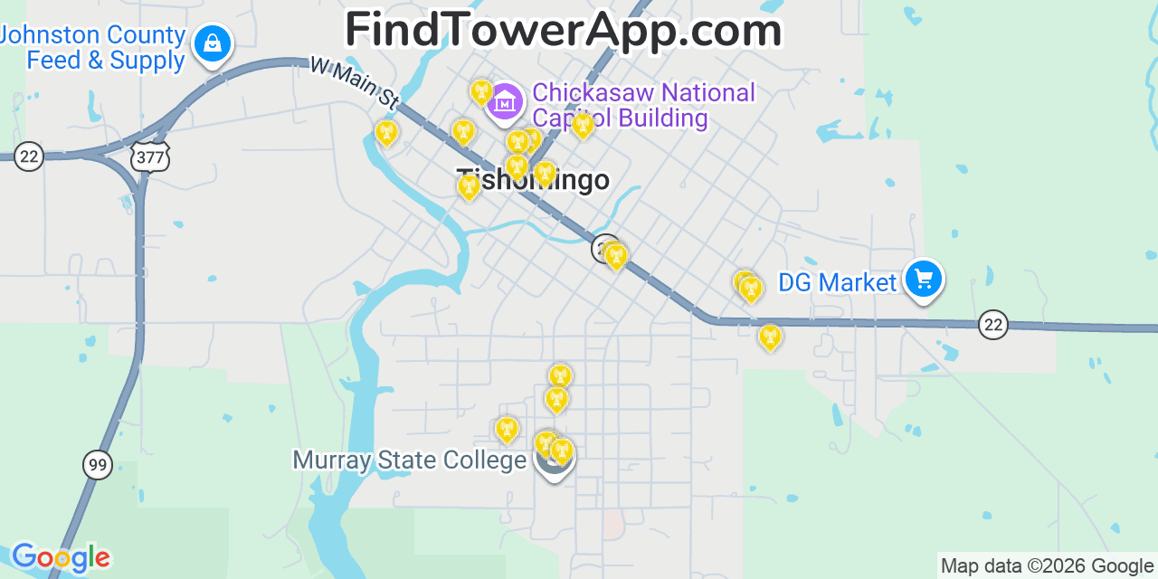 Map showing the 20 primary cell tower locations detected in Tishomingo, Oklahoma from AT&T, Verizon, and T-Mobile networks