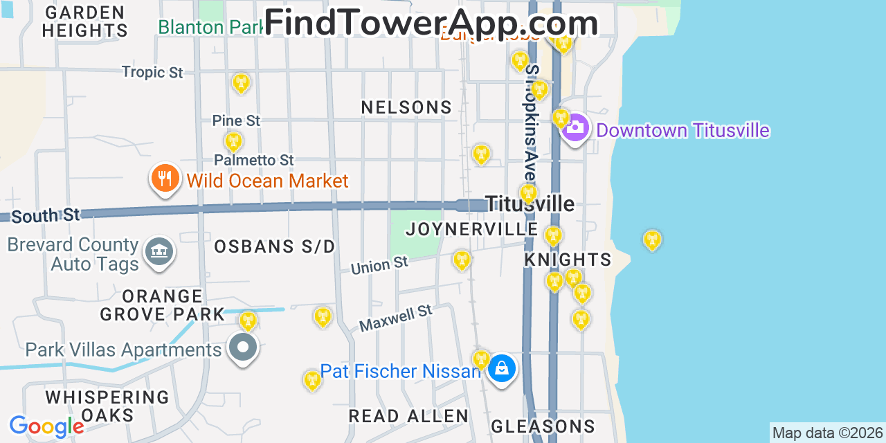 Map showing the 20 primary cell tower locations detected in Titusville, Florida from AT&T, Verizon, and T-Mobile networks