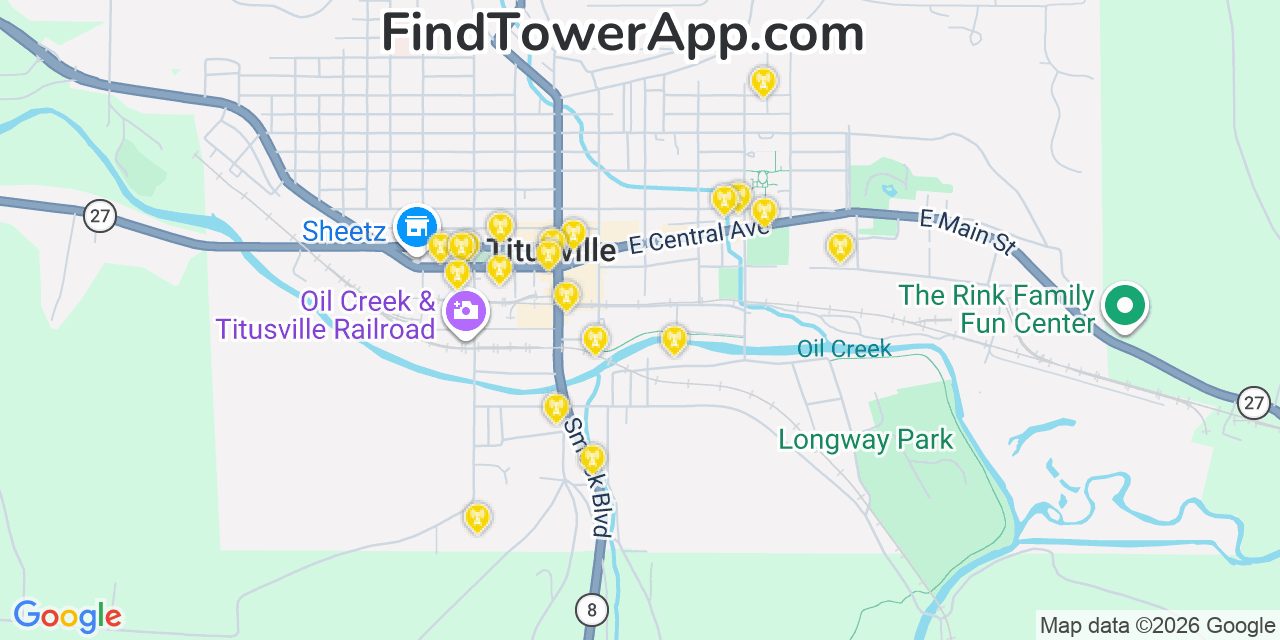 Map showing the 20 primary cell tower locations detected in Titusville, Pennsylvania from AT&T, Verizon, and T-Mobile networks