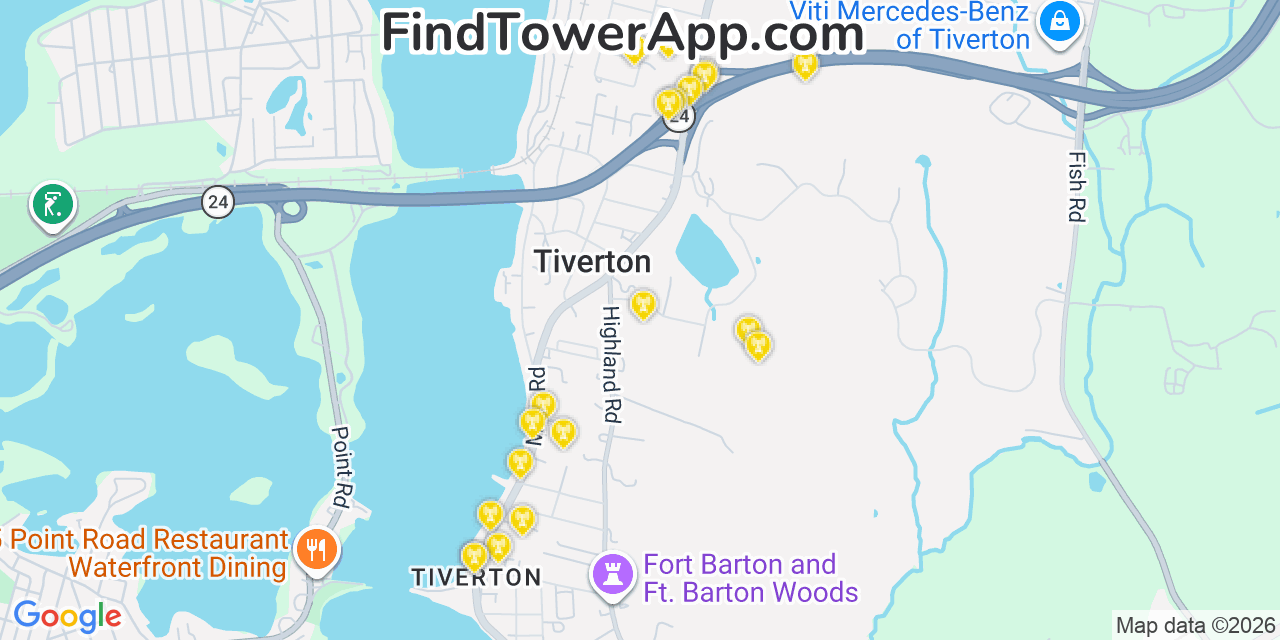 Map showing the 20 primary cell tower locations detected in Tiverton, Rhode Island from AT&T, Verizon, and T-Mobile networks