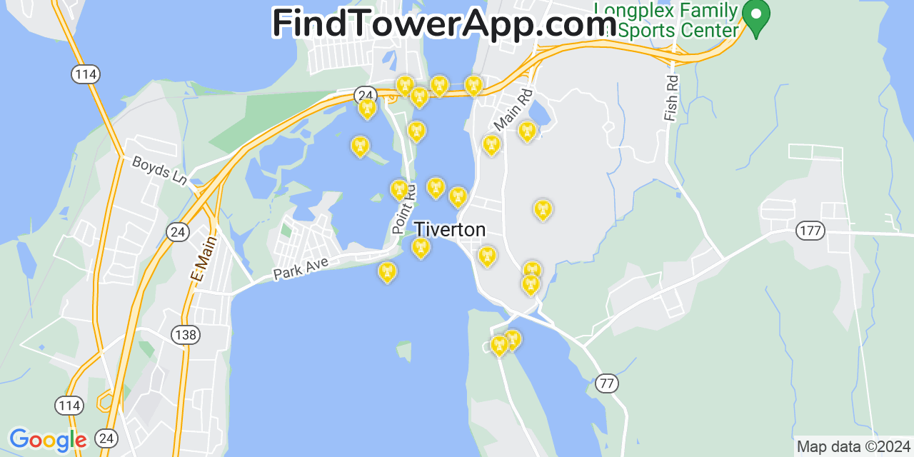 Verizon 4G/5G cell tower coverage map Tiverton, Rhode Island