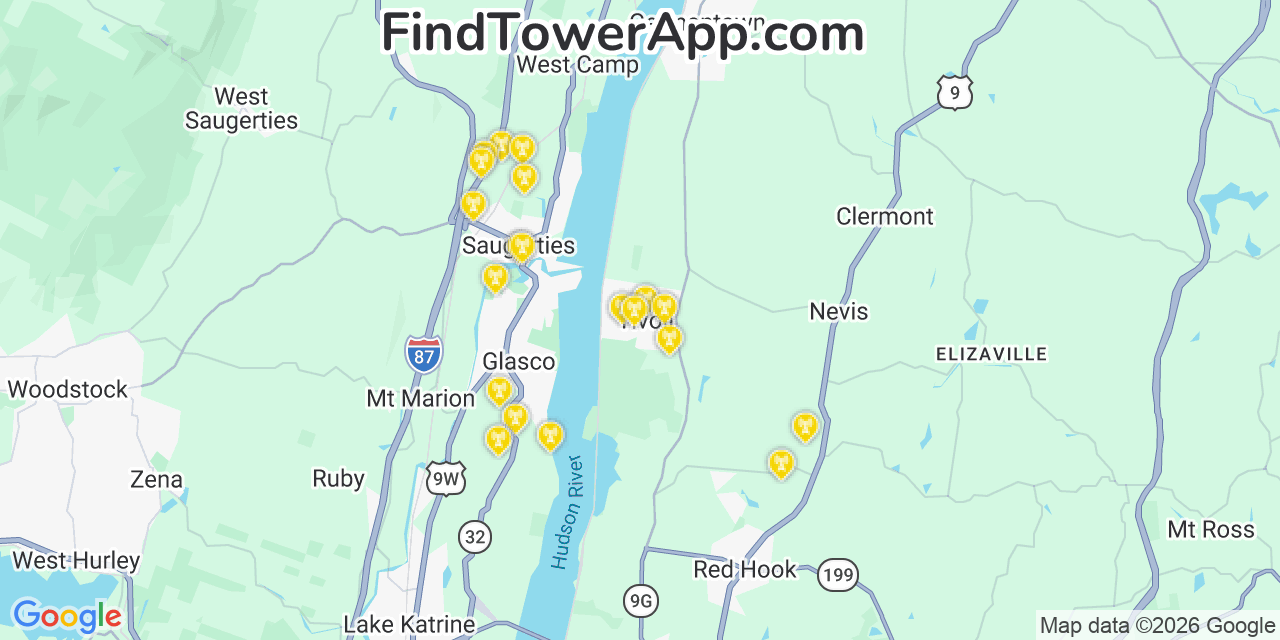 Map showing the 20 primary cell tower locations detected in Tivoli, New York from AT&T, Verizon, and T-Mobile networks