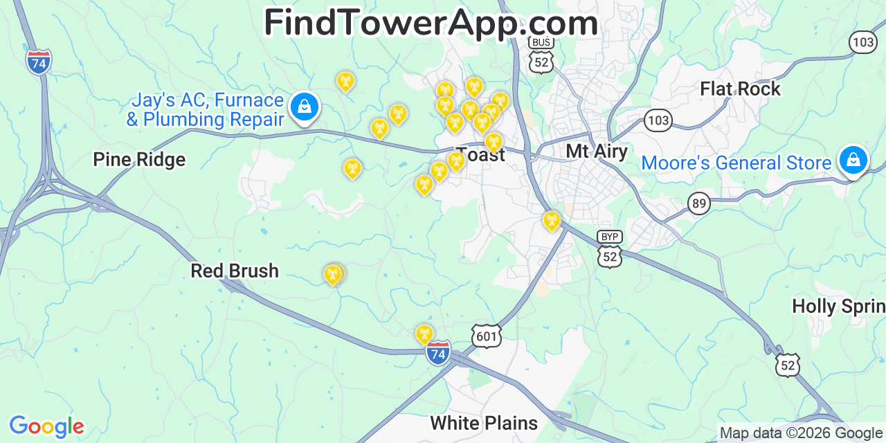 Map showing the 20 primary cell tower locations detected in Toast, North Carolina from AT&T, Verizon, and T-Mobile networks