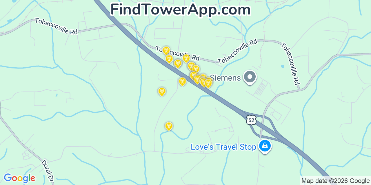 Map showing the 20 primary cell tower locations detected in Tobaccoville, North Carolina from AT&T, Verizon, and T-Mobile networks