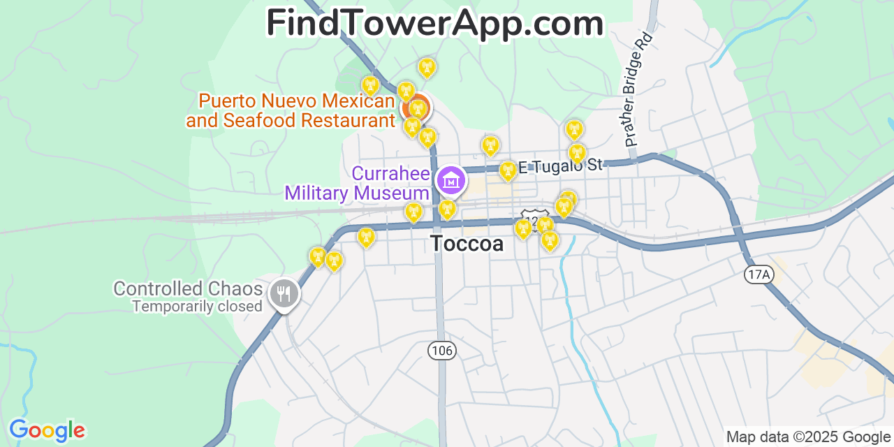 Map showing the 20 primary cell tower locations detected in Toccoa, Georgia from AT&T, Verizon, and T-Mobile networks