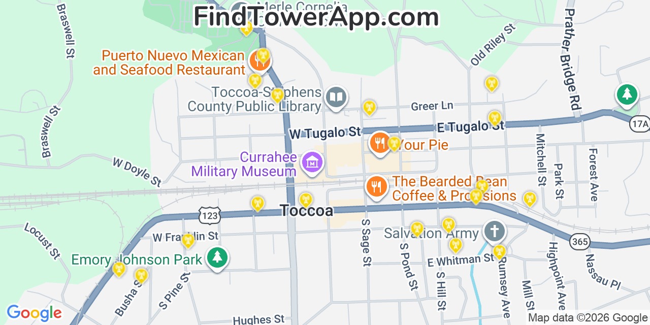 Map showing the 20 primary cell tower locations detected in Toccoa, Georgia from AT&T, Verizon, and T-Mobile networks