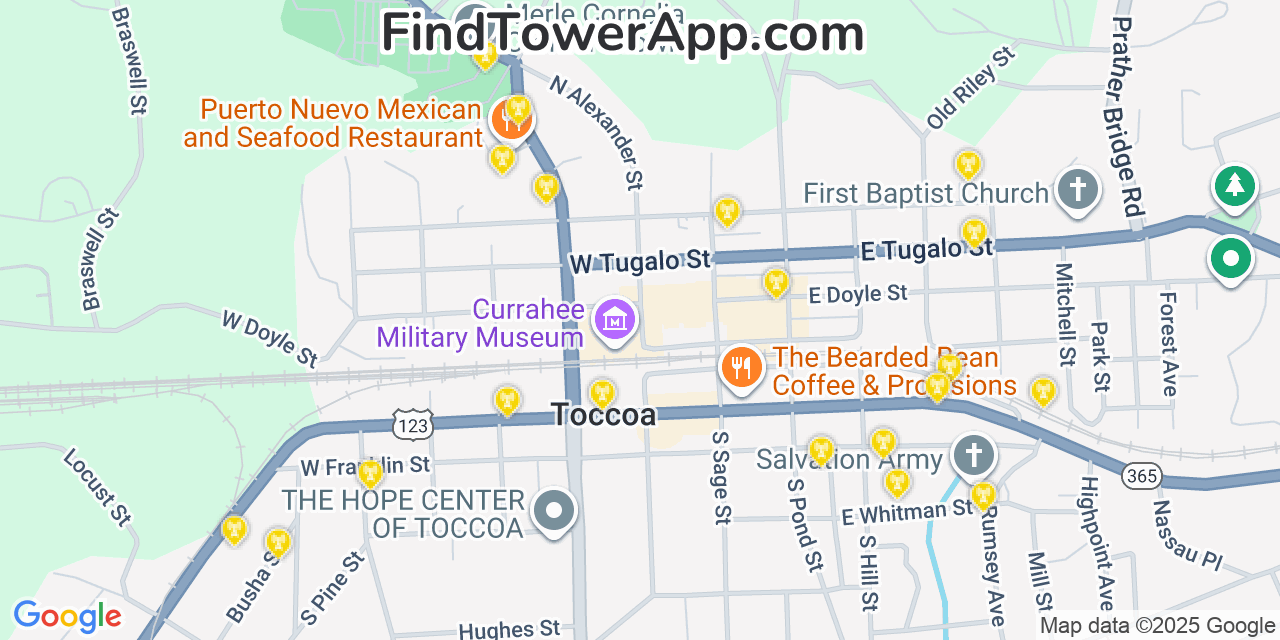 Map showing the 20 primary Mobitel cell tower locations detected in Toccoa, Georgia with coverage radius and signal strength indicators