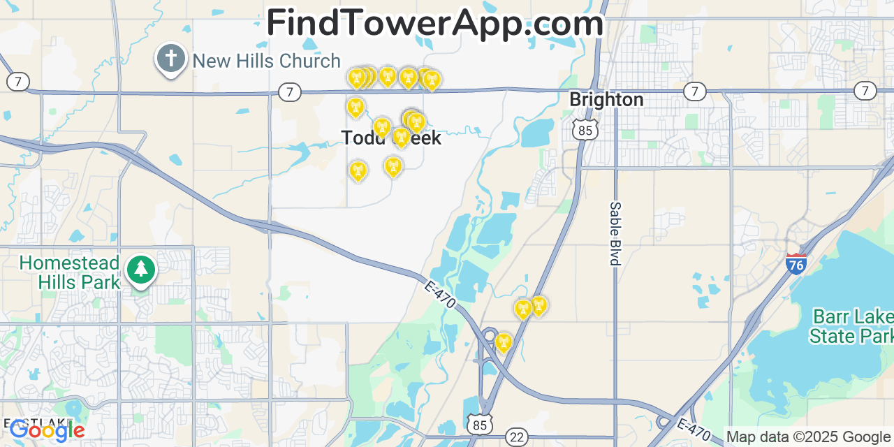 Map showing the 20 primary cell tower locations detected in Todd Creek, Colorado from AT&T, Verizon, and T-Mobile networks